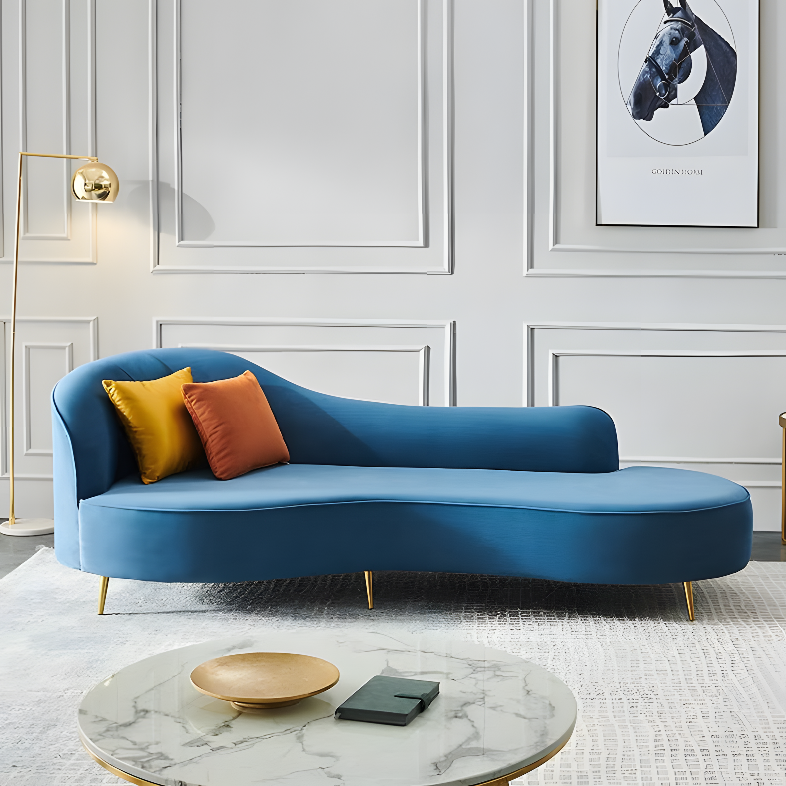 Blue curved velvet sectional-style chaise