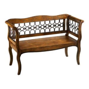 Antique Carved Wood Settee with Ornate Lattice Backrest
