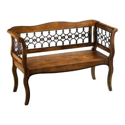 Antique Carved Wood Settee with Ornate Lattice Backrest