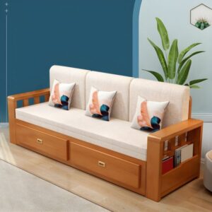 Wooden sofa with cushions and storage