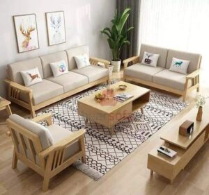 Modern Rustic Oak Wood Sofa Set with Grey Fabric