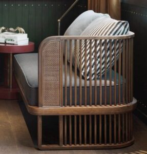 Modern wooden sofa with striped cushion