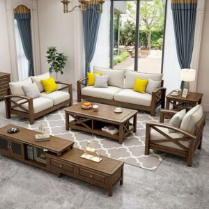 Cozy living room with wooden furniture