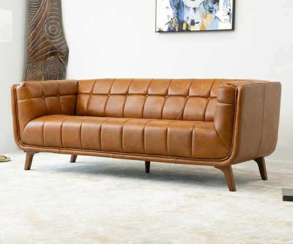 Mid-Century Modern Tufted Leather Sofa in Tan
