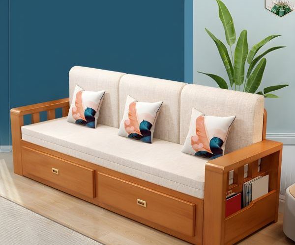 Wooden sofa with cushions and storage