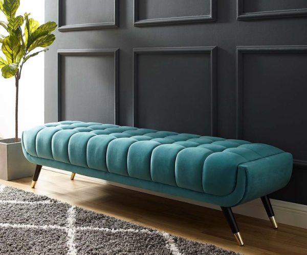 Tufted Velvet Glam Bench in Teal Blue
