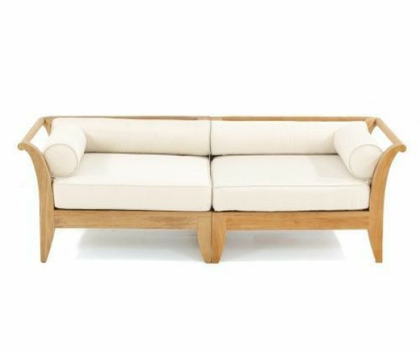 Modern wooden sofa with cream cushions