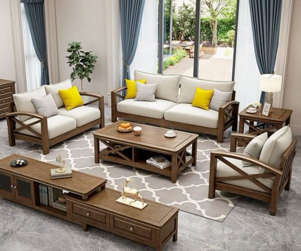 Cozy living room with wooden furniture